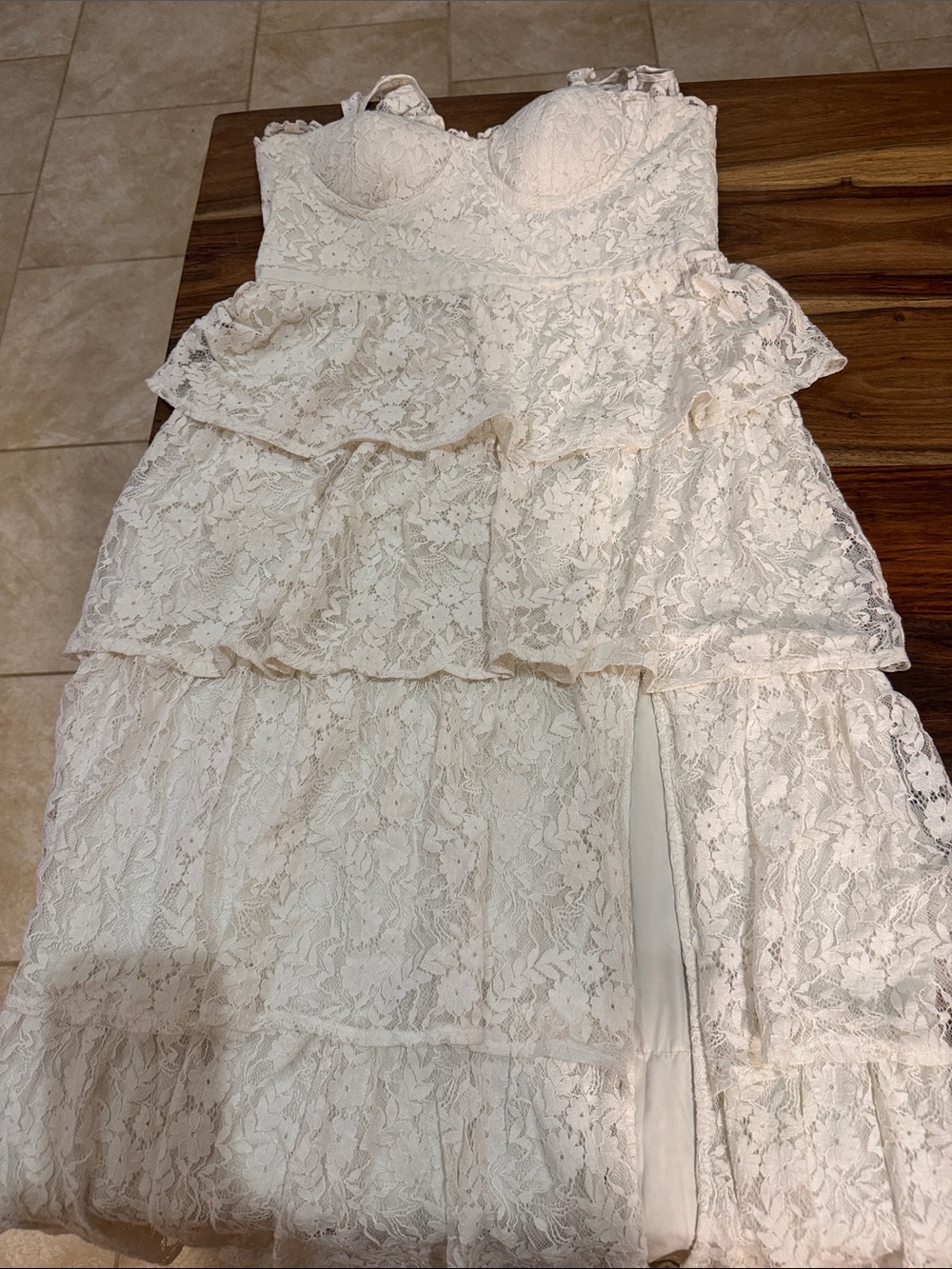 Altar'd State Ivory Lace Strapless Tiered Maxi Dress